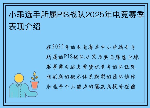 小乖选手所属PIS战队2025年电竞赛季表现介绍